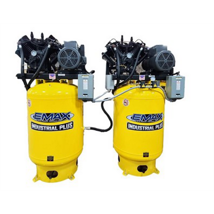 Emax Compressor Two 10HP 1ph 80 Gallon Vertical Solo Mounted Alternating Silent Air compressors-w/Pressure Lubricated pumps EMXESP07A080V3