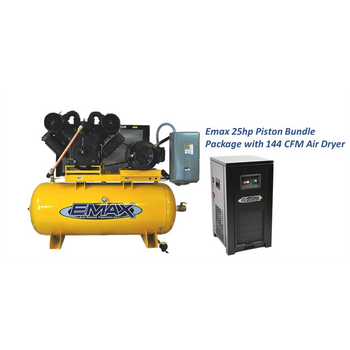 Emax Compressor Silent Air 15hp 1PH 120 gallon Horizontal Duplex mounted alternating Piston Compressor --w/Pressure Lubricated pumps EMXEP25H120V3PKG