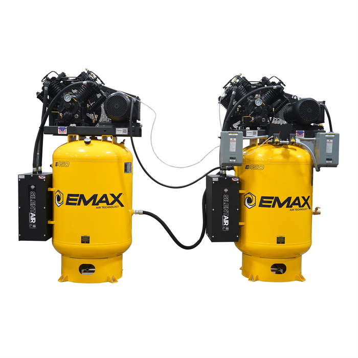 Emax Compressor Two 10HP 1ph 120 Gallon Vertical Solo Mounted Alternating Silent Air compressors-w/Pressure Lubricated pumps EMXESP10A120V1