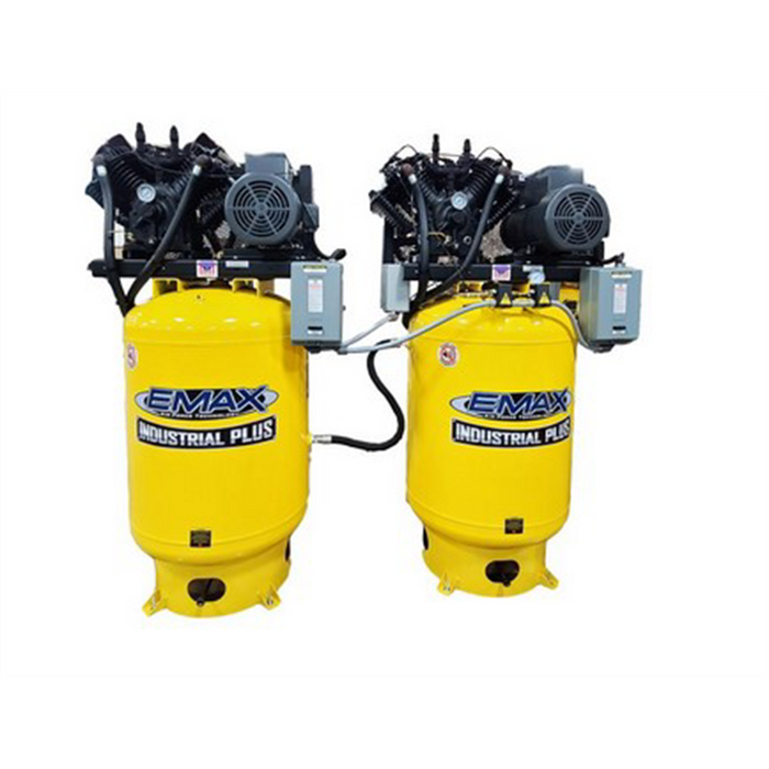 Emax Compressor Two 10HP 3ph 80 Gallon Vertical Solo Mounted Alternating Silent Air compressors-w/Pressure Lubricated pumps EMXESP10A080V3
