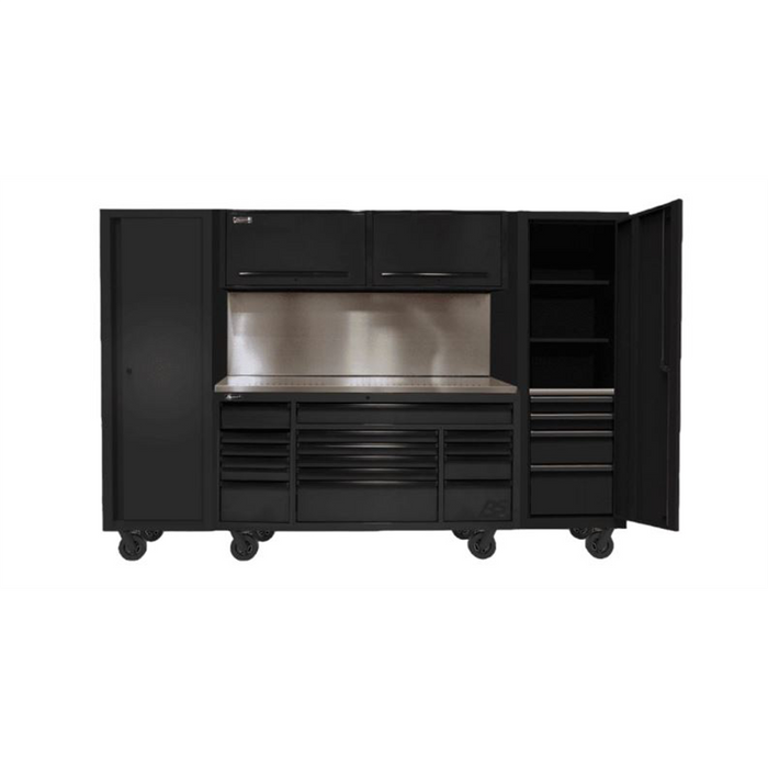 Homak Manufacturing 120" RS PRO CTS Roller Cabinet & Side Lockers Combo with Solid Backsplash - Black HOMBKCTS12001