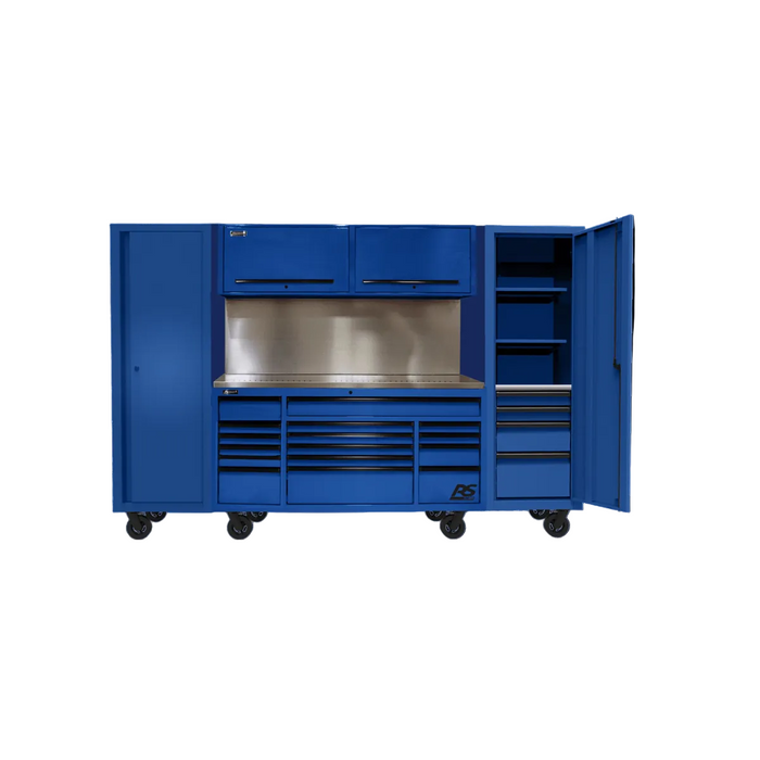 Homak Manufacturing 120" RS PRO CTS Roller Cabinet & Side Lockers Combo with Solid Backsplash - Blue HOMBLCTS12001