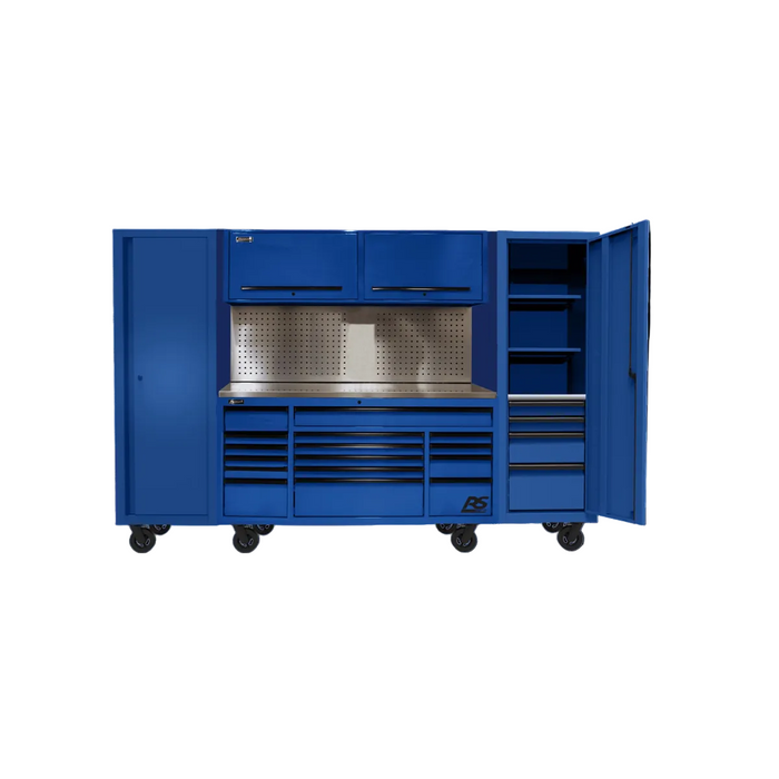 Homak Manufacturing 120'' RS PRO CTS Roller Cabinet & Side Lockers Combo with Toolboard Backsplash - Blue HOMBLCTS12002
