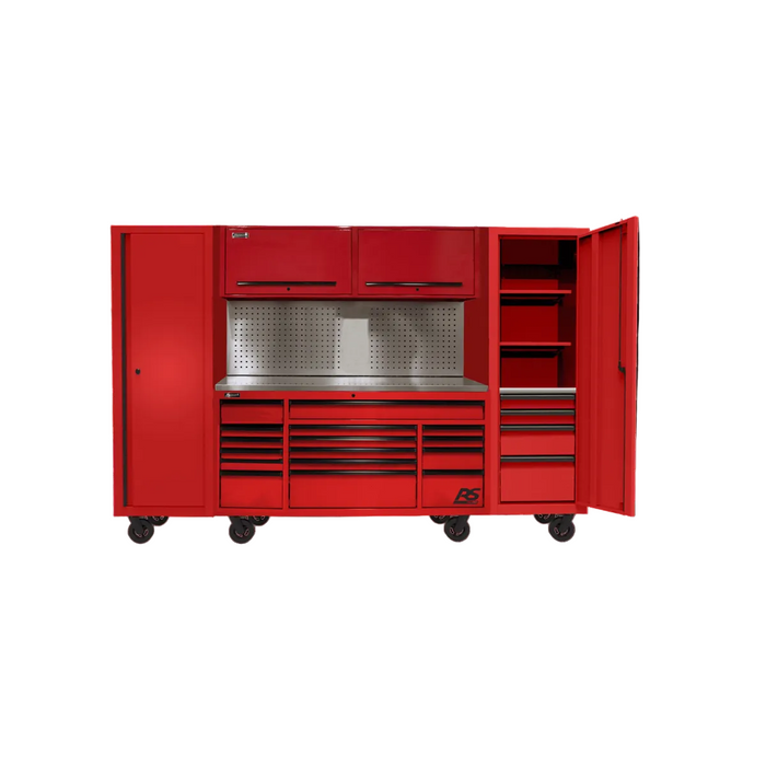 Homak Manufacturing 120'' RS PRO CTS Roller Cabinet & Side Lockers Combo with Toolboard Backsplash - Red HOMRSCTS12002