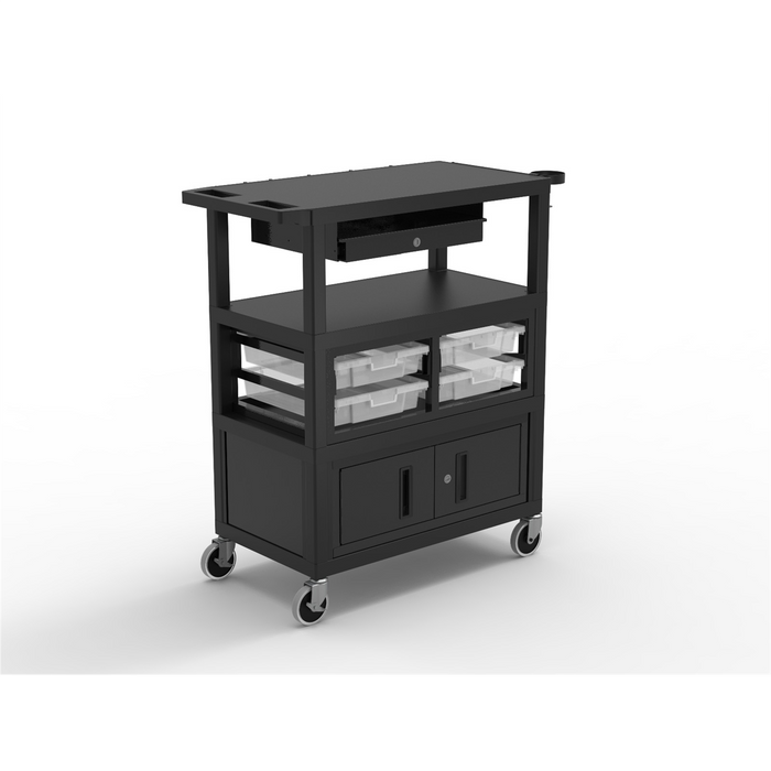 Luxor 32 x 18 Deluxe Cart with Locking Cabinet Storage Bins Keyboard Tray Pocket Chart Hooks and Cup Holder LUXECMBSKBC-B