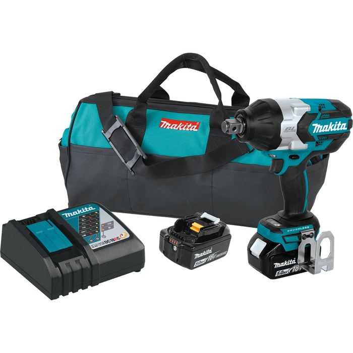 Makita 18V LXT 5.0 Ah Brushless Cordless High Torque 3-4 Square Drive Imp Wrench Kit With Friction Ring Anvil MAKXWT07T