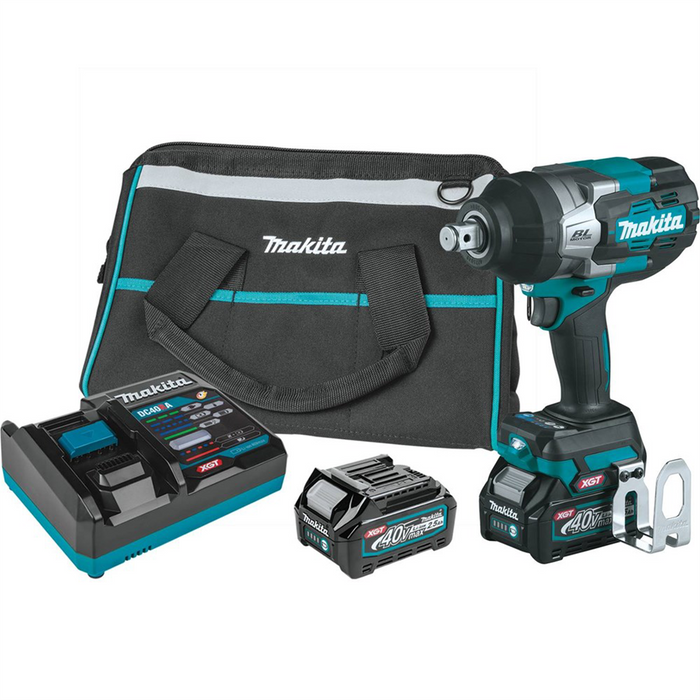 Makita 40V Max XGT And Reg Brushless Cordless 4-Sp Hi-Torq 3-4 Sq Drive Impact Wrench Kit With Friction Ring Anvil, var. spd. rev. L.E.D. Light Bag 2.5Ah MAKGWT01D