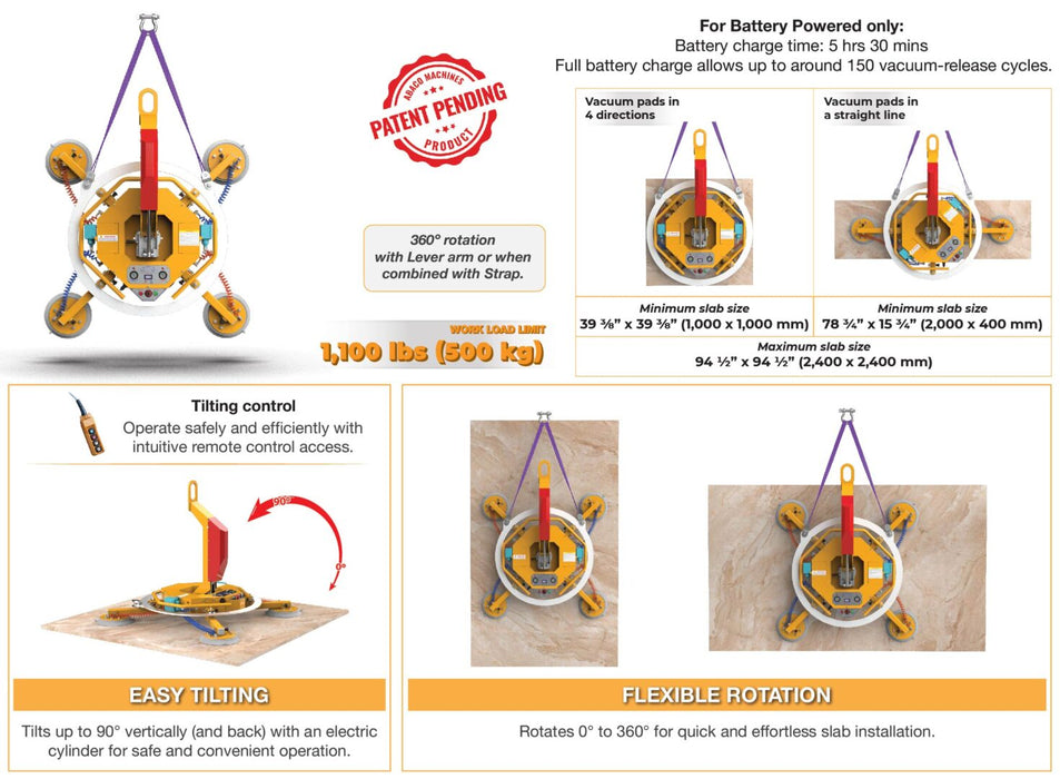 Abaco Rotary Vacuum Lifter – ARVL500, 360° Rotation & 90° Tilt, 1,100 lb Capacity