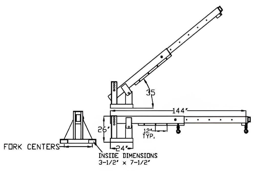 All Lift Cranes TLJP-Series Telescoping Pivoting Jib Fork Truck Attachment 2 Ton to 4 Ton Capacity 8000 Lbs