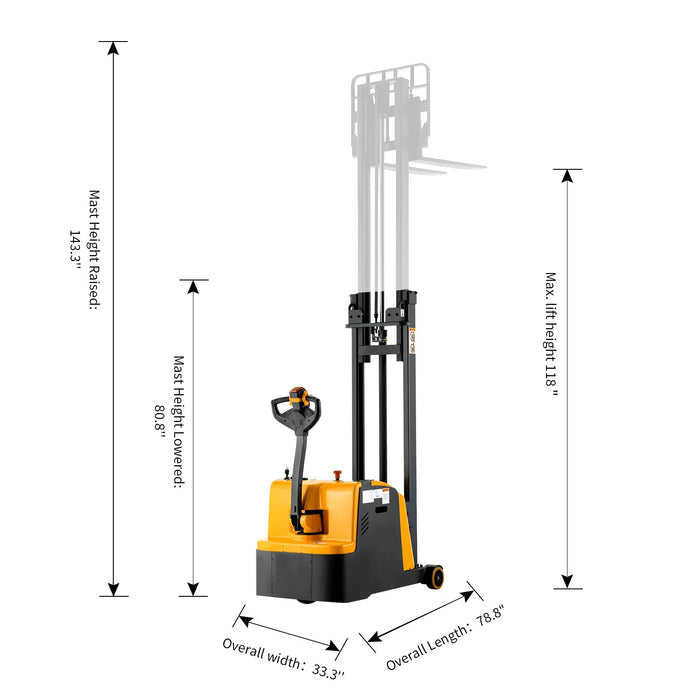 Electric Stacker | Counterbalanced | 1200 lbs. Capacity | 118'' Lifting | Apollolift A-3031