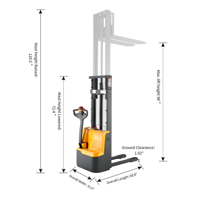 Electric Walkie Stacker | 3300 lbs. Capacity | Fixed Legs 98'' Lifting | Apollolift A-3033