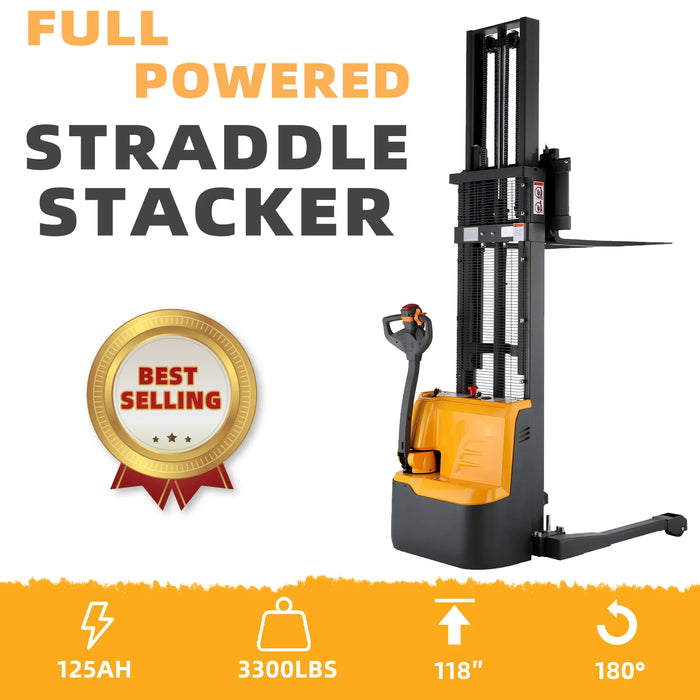 Electric Walkie Stacker | 3300 lbs. Capacity | Straddle Legs 118'' Lifting | Apollolift A-3023