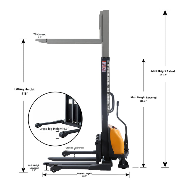 Semi-Electric Straddle Stacker | 3300 lbs. Capacity | Lifting Height 118'' | Apollolift A-3010