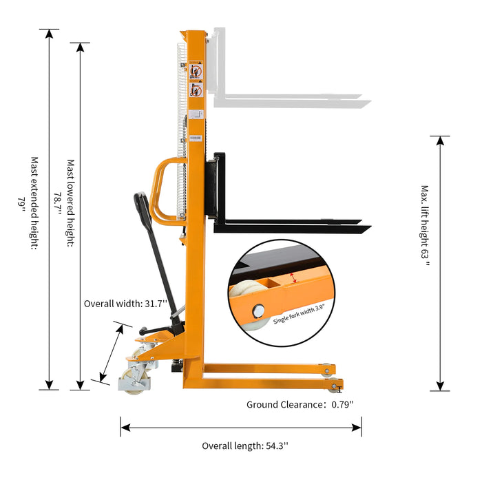 Manual Pallet Stacker | 1100 lbs. Capacity | 63'' Lift Height | Apollolift A-3002