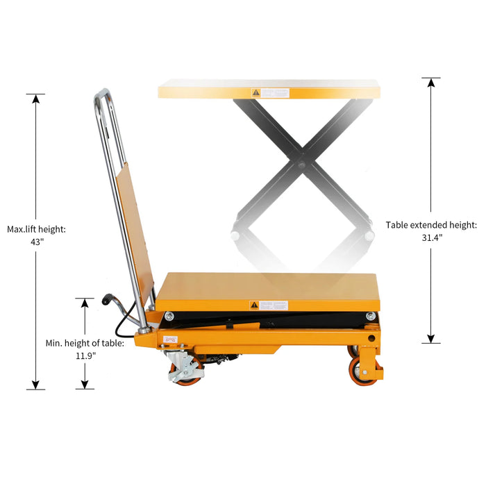 Double Scissor Lift Table | 330 lbs Capacity | Lifting Height 43.3'' | Apollolift A-2003