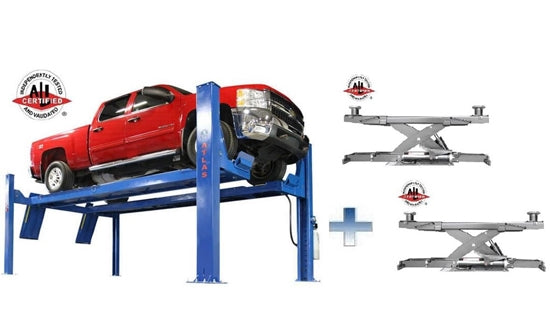 Atlas Platinum PVL14OF‑EXT 14,000 lb Open‑Front Alignment Lift + RJ7000 Rolling Bridge Jacks Combo | AP‑PVL14OF‑EXT‑COMBO (Will Call)