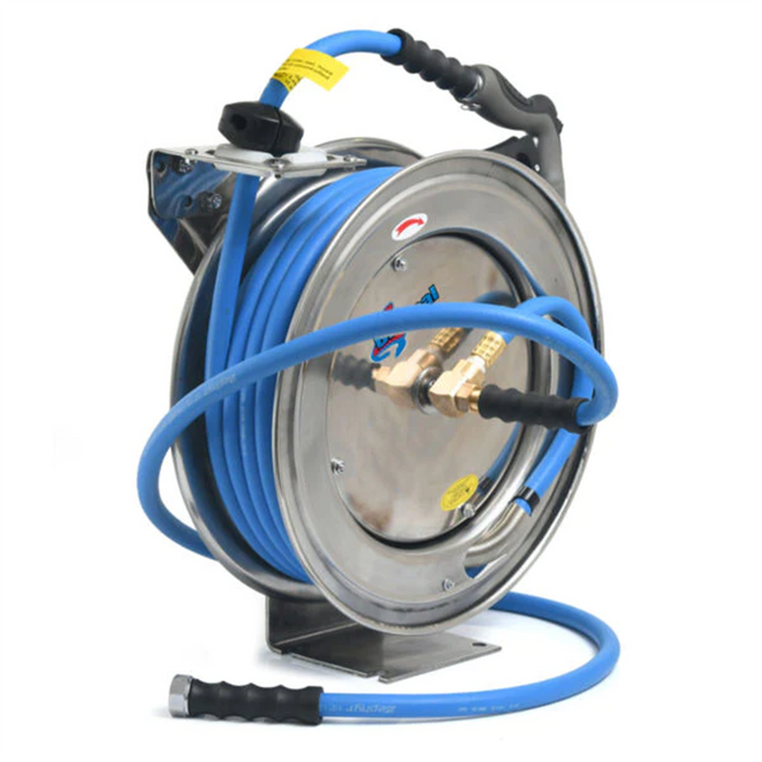 BluBird BluSeal Stainless Steel Water Hose Reel 1/2" x 50' Retractable with Swivel Mount, Rubber Garden Hose, 6' Lead-in, Spray Nozzle BLBBSWRSS1250HRS
