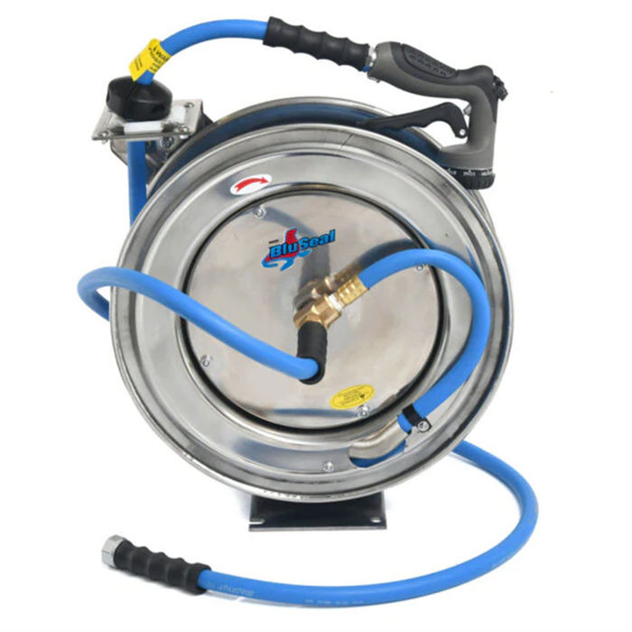 BluBird BluSeal Stainless Steel Water Hose Reel 5/8" x 50' Retractable with Rubber Garden Hose, 6' Lead-in, Spray Nozzle&nbsp;BLBBSWRSS5850