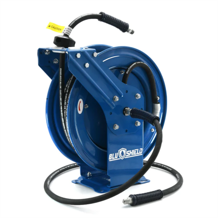 BluBird BluShield 3/8" x 100' Pressure Washer Hose Reel – 4100 PSI Aramid Braided Dual Arm w/ Quick Connect & 6' Lead-In – BLBPWR38100-CP