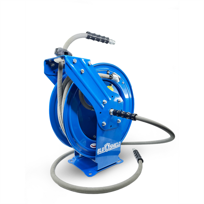 BluBird BluShield 3/8" x 100' Pressure Washer Hose Reel – 4100 PSI Aramid Braided Non-Marking Dual Arm w/ Quick Connect & 6' Lead-In – BLBPWR38100-CP-NM