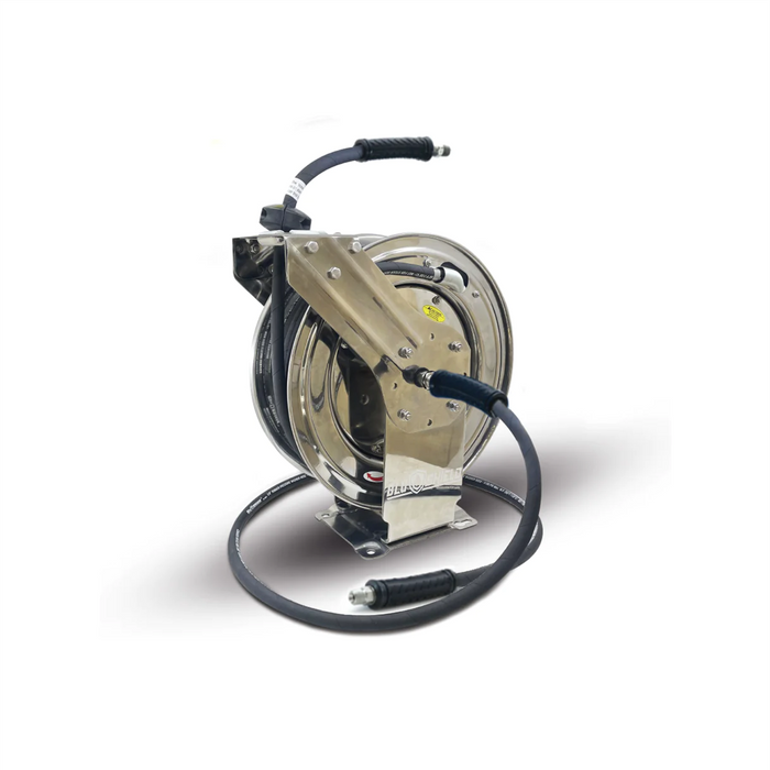 BluBird BluShield 3/8" x 75' Stainless Steel Pressure Washer Hose Reel – Aramid Braided Non-Marking Hose w/ 6' Lead-In – BLBPWRSS3875-NM