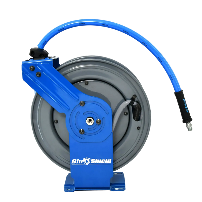 BluBird BluShield 3/8" x 100' All-in-One Rubber Air Hose Reel – Dual Arm Retractable w/ 6' Lead-In Hose – BLBPWRDA38100-AIO