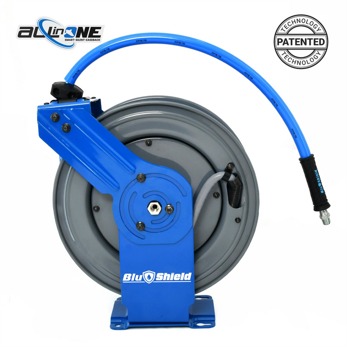 BluBird BluShield 3/8" x 100' All-in-One Rubber Air Hose Reel – Dual Arm Retractable w/ 6' Lead-In Hose – BLBPWRDA38100-AIO