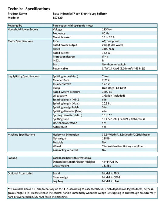 Electric Log Splitter | 7 Ton | Boss Industrial ES7T20