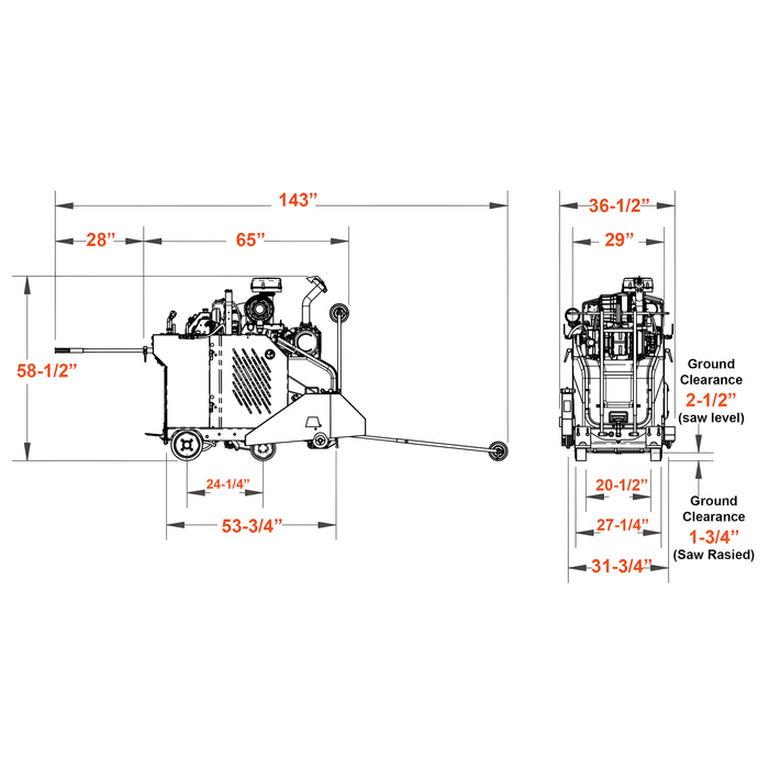 In-Line Walk Behind Saw | 74 HP | Kubota® Turbo Diesel | 26'' Guard | Diamond Products