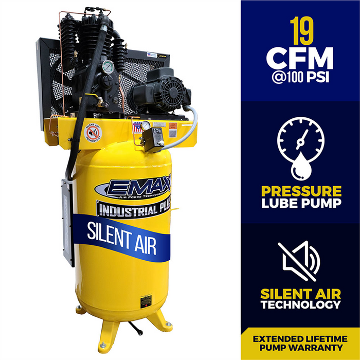 Emax Compressor 15 HP (2 x 7.5) 230 Volt Single Phase Silent Air Duplex Air Compressor EMXESP07D120V1