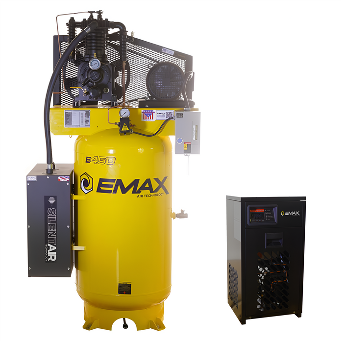 Emax Compressor 5HP Silent Industrial Air Compressor 80 Gallon Vertical – 3-Phase Two-Stage with 30 CFM Air Dryer Bundle (EMXESP05V080I3PK)