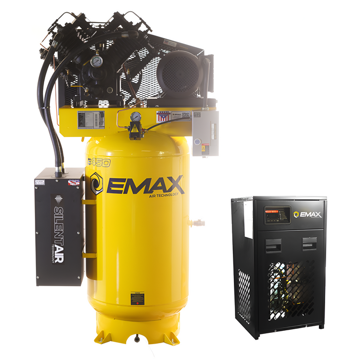 Emax Compressor 7.5HP Silent Air Compressor 3 Phase 80 Gallon 2-Stage w/ 30 CFM Dryer Bundle Industrial EMXESP07V080V3PK