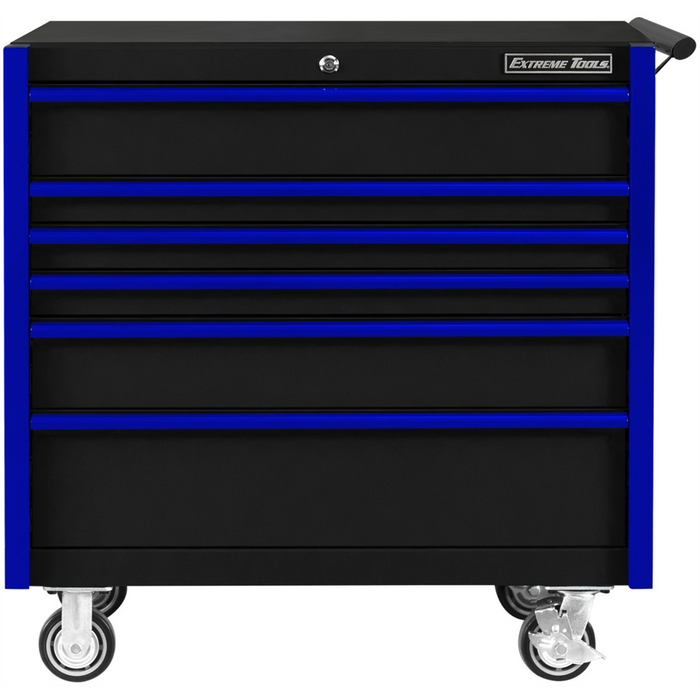 Extreme Tools DX Series 41'' W X 25''D 6 Drawer Roller Cabinet, 100 lbs Slides, Black with Blue Drawer Pulls EXTDX412506RCBKBL