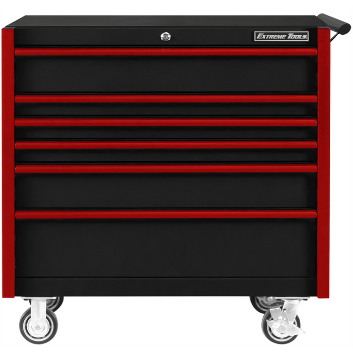 Extreme Tools DX Series 41'' W X 25'' D 6 Drawer Roller Cabinet, 100 lbs Slides, Black with Red Drawer Pulls EXTDX412506RCBKRD