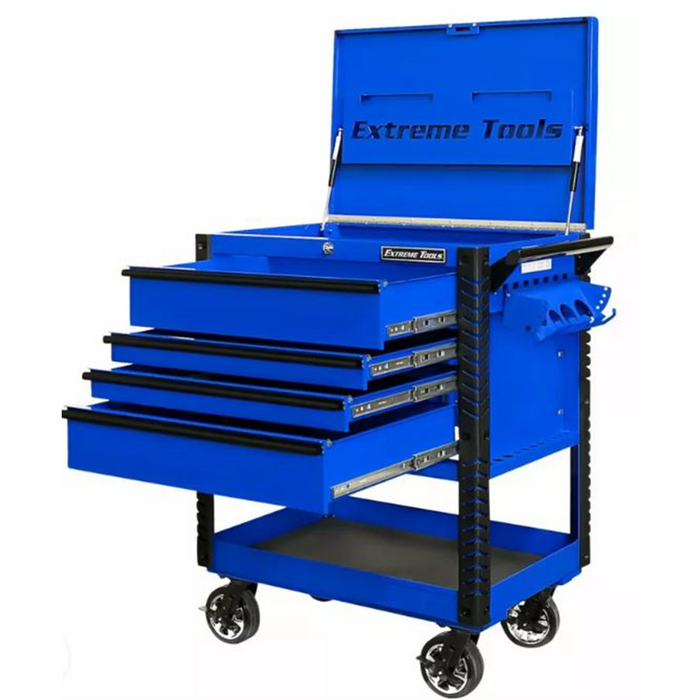 Extreme Tools EX Tool Cart Series 33” W x 23'' D 4-Drawer Deluxe Tool Cart with Bumpers – Black with Blue Quick Release Pulls