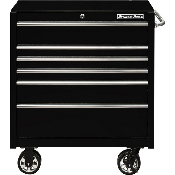 Extreme Tools PWS Series 41'' W x 25'' D 6-Drawer Roller Cabinet, Textured Black w Chrome Drawer Pulls EXTPWS412506RCTXBK