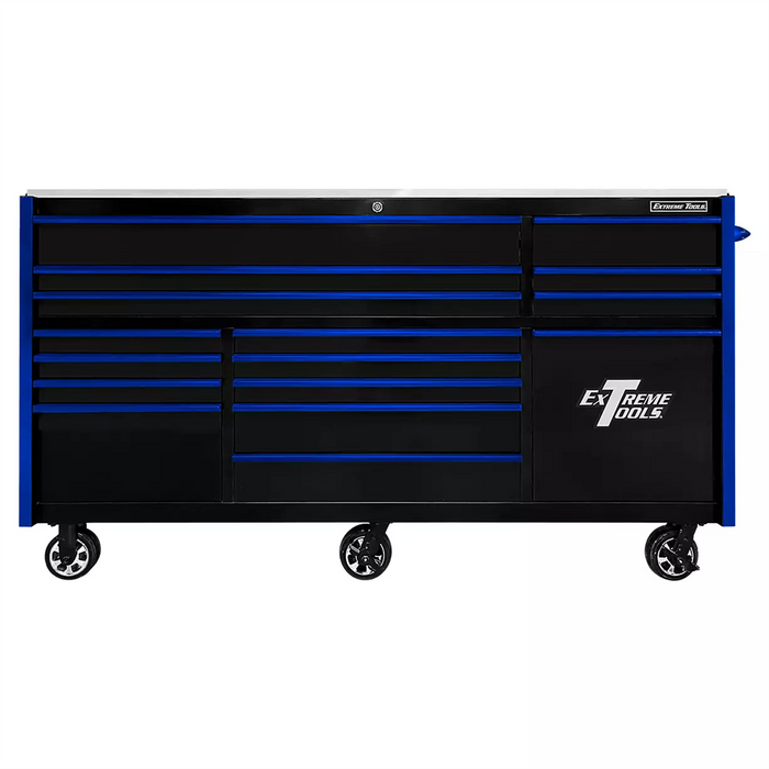Extreme Tools RX Series 84” Triple Bank Roller Cabinet – 25th Anniversary Tool Chest w/ Power Tool Drawer (Black/Blue) EXTRXQ843016RCBKBL