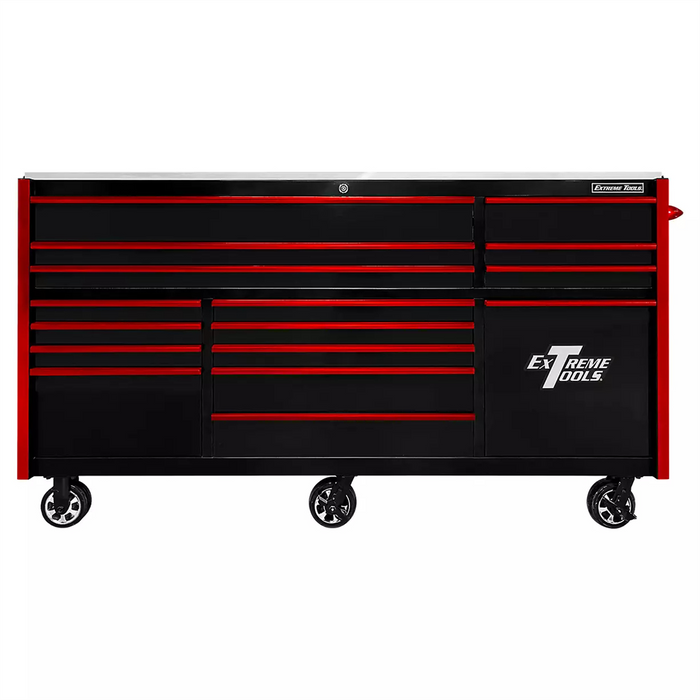 Extreme Tools RX Series 84” Triple Bank Roller Cabinet – 25th Anniversary Tool Chest w/ Power Tool Drawer (Black/Red) EXTRXQ843016RCBKRD