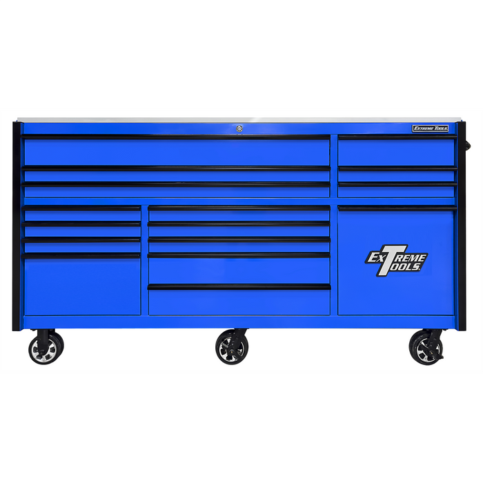 Extreme Tools RX Series 84” Triple Bank Roller Cabinet – 25th Anniversary Tool Chest w/ Power Tool Drawer & Stainless Steel Top EXTRXQ843016RCBLBK