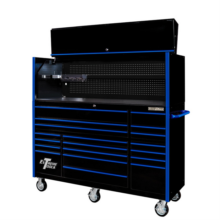 Extreme Tools RX Series 72” 19-Drawer Roller Cabinet with Hutch – Heavy-Duty Tool Chest w/ 150 lb Slides (Black/Blue Handles) EXTRX7220HRKU