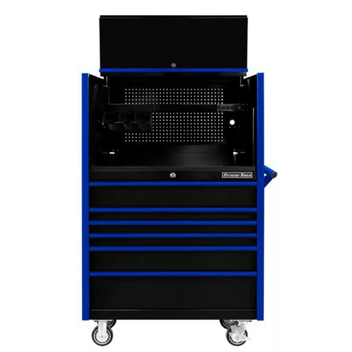 Extreme Tools DX Series 41" W x 25'' D Power Workstation Hutch & Roller Cabinet Combo – 6 Drawer Heavy Duty (Black with Blue Drawer Pulls)