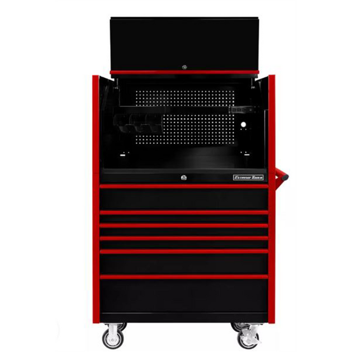 Extreme Tools DX Series 41" W x 25''D Power Workstation Hutch & Roller Cabinet Combo – 6 Drawer Heavy Duty (Black with Red Drawer Pulls)