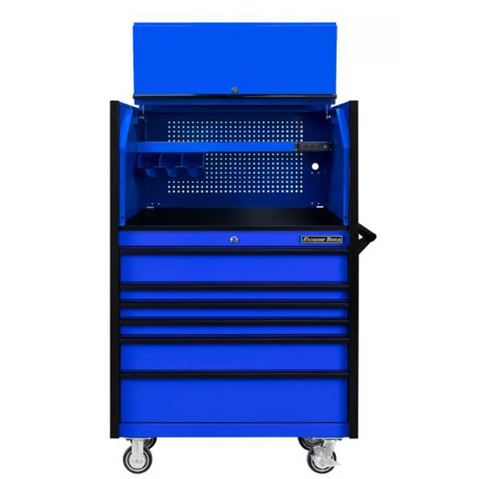 Extreme Tools DX Series 41" W x 25'' D  Power Workstation Hutch & Roller Cabinet Combo – 6 Drawer Heavy Duty (Blue with Black Drawer Pulls)