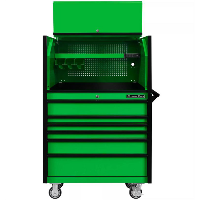 Extreme Tools DX Series 41" Power Workstation Hutch & Roller Cabinet Combo – 6 Drawer Heavy Duty (Green with Black Drawer Pulls)