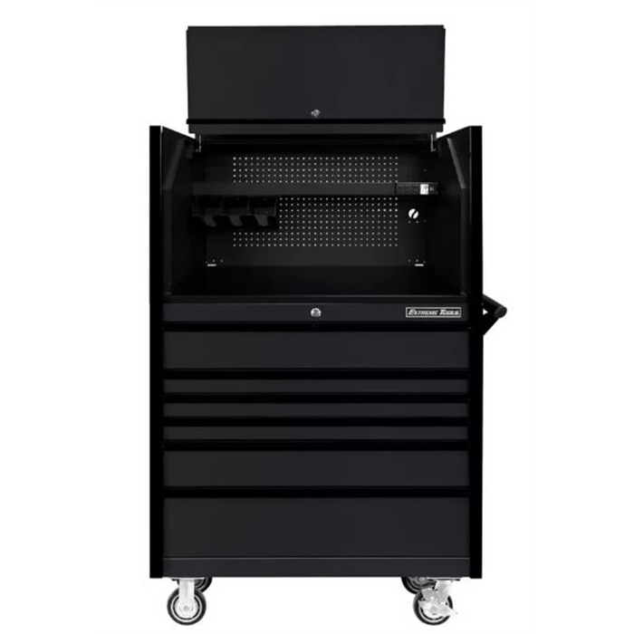Extreme Tools DX Series 41" W x 25'' D Power Workstation Hutch & Roller Cabinet Combo – 6 Drawer Heavy Duty (Matte Black with Black Trim)