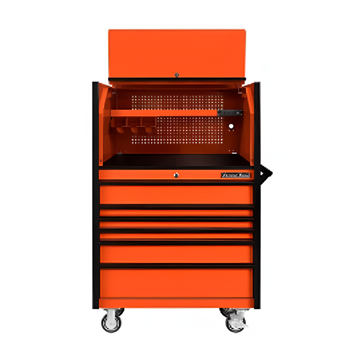 Extreme Tools DX Series 41" W x 25'' D Power Workstation Hutch & Roller Cabinet Combo – 6 Drawer Heavy Duty (Orange with Black Drawer Pulls)