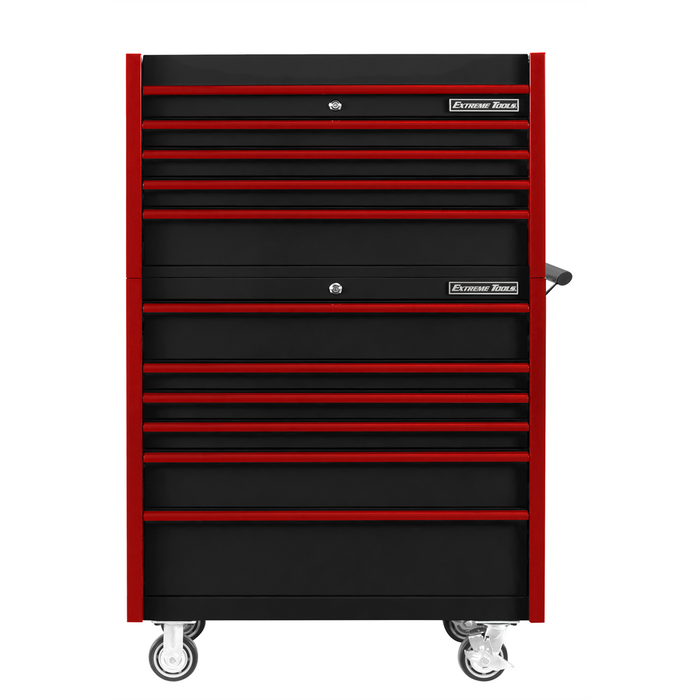 Extreme Tools DX Series 41” W x 25'' D Tool Chest Combo – 4 Drawer Top Chest & 6 Drawer Roller Cabinet, 100–200 lb Slides, Black with Red Pulls (EXTDX4110CRKR)