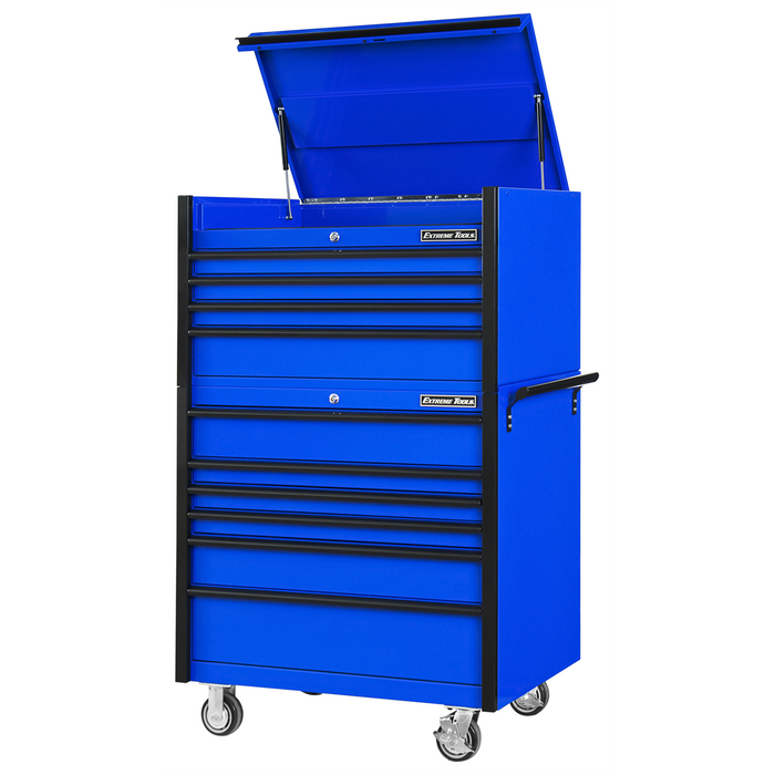 Extreme Tools DX Series 41” W x 25'' D Tool Chest Combo – 4 Drawer Top Chest & 6 Drawer Roller Cabinet, Blue with Black Pulls (EXTDX4110CRUK)
