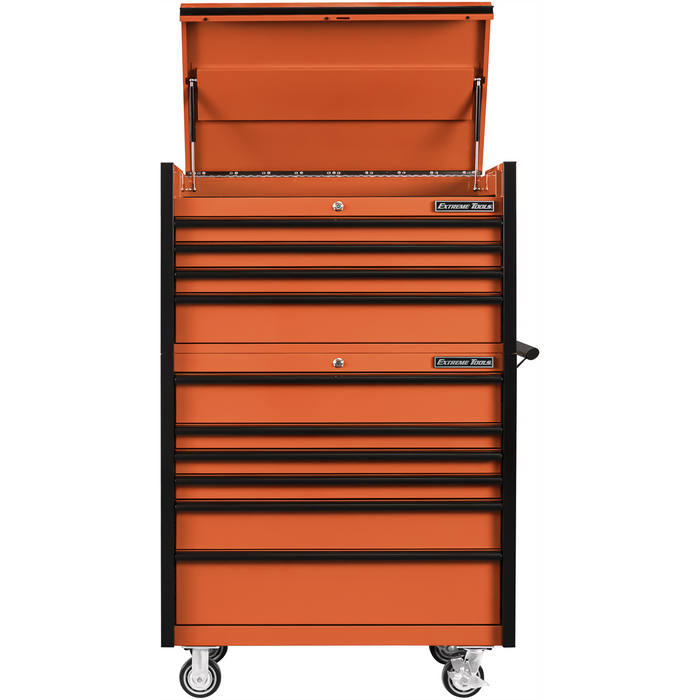 Extreme Tools DX Series 41” W x 25'' D Tool Chest Combo – 4 Drawer Top Chest & 6 Drawer Roller Cabinet Orange with Black Pulls (EXTDX4110CROK)