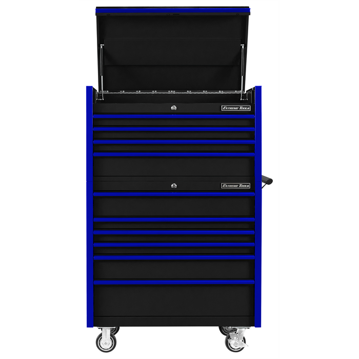 Extreme Tools DX Series 41" W x 25'' D Tool Chest & Roller Cabinet Combo – Heavy Duty Storage (Black with Blue Pulls)